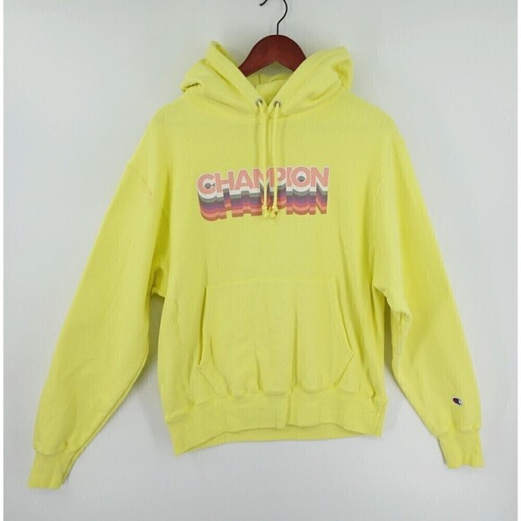 Champion Reverse Weave Hoodie Sweater Mens Medium Yellow Graphic Logo Cadmium - Picture 1 of 16